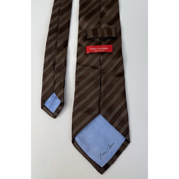 Tino Cosma Italy Silk Tie Brown Silver Stripe Classic Necktie Made in Italy - Picture 3 of 3